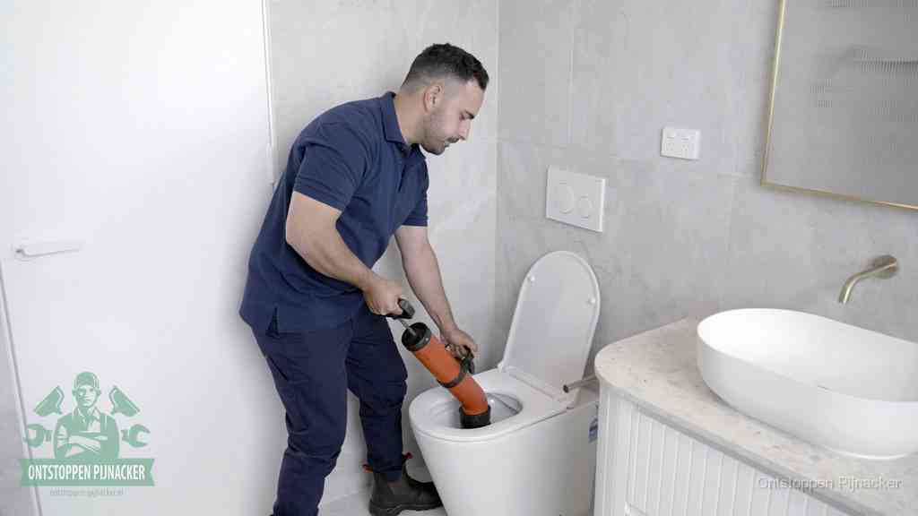 Een monteur gebruikt een handmatige perspomp (toiletontstopper) op een wandcloset tijdens het professioneel wc ontstoppen in Pijnacker
