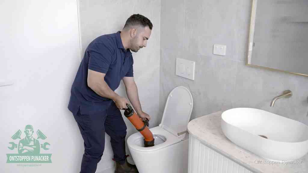 Een man gebruikt een handmatige luchtdruk-ontstopper in een modern betegeld toilet om zelf de wc te ontstoppen in Pijnacker